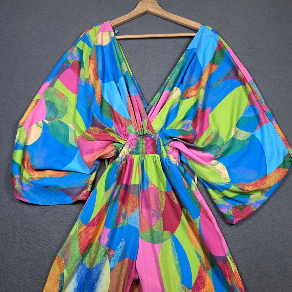 Fashion Nova Jumpsuit Womens M Multi Color Abstract Print Kimono Sleeve Wide Leg